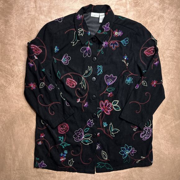 Koret Vintage 90s Floral Embroidered Button Up Jacket Black Multicolor Boho - Picture 1 of 6